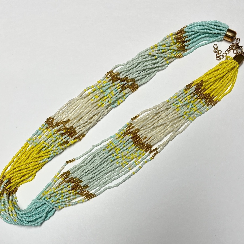 Necklace, 23 strand seed bead, white, yellow, & blue beads. New,   Approx 28”